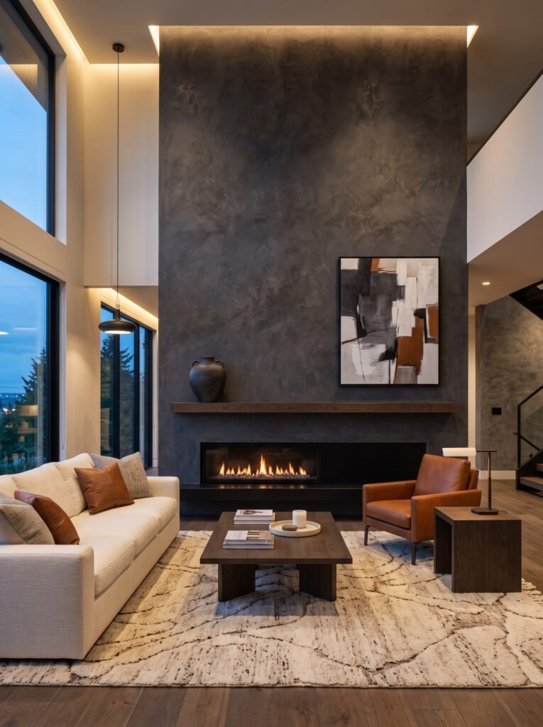 Contemporary statement fireplace wall with textured charcoal finish