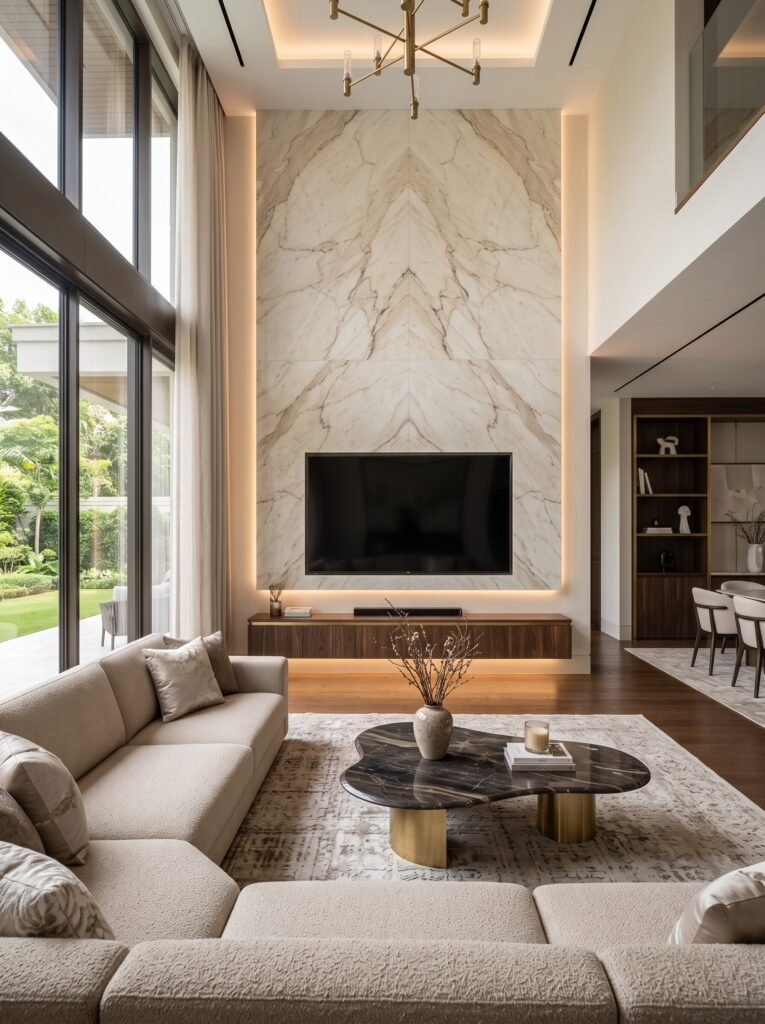 Luxury modern living room with marble TV wall and floating cabinet
