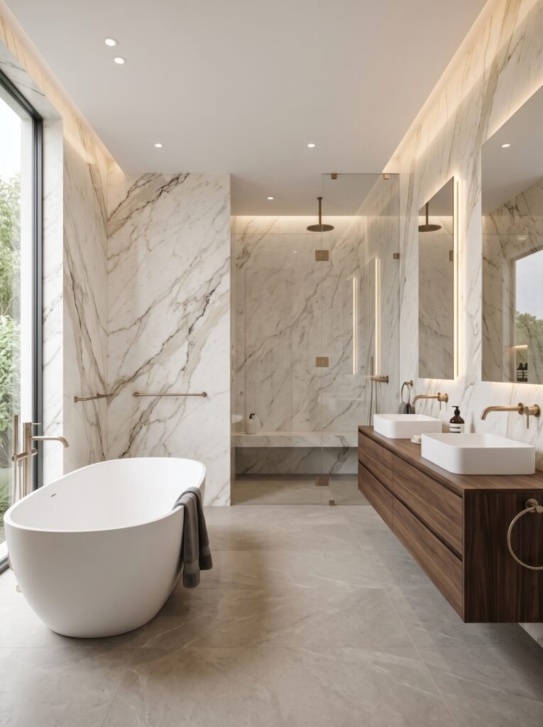 Modern luxury bathroom with marble walls and freestanding bathtub