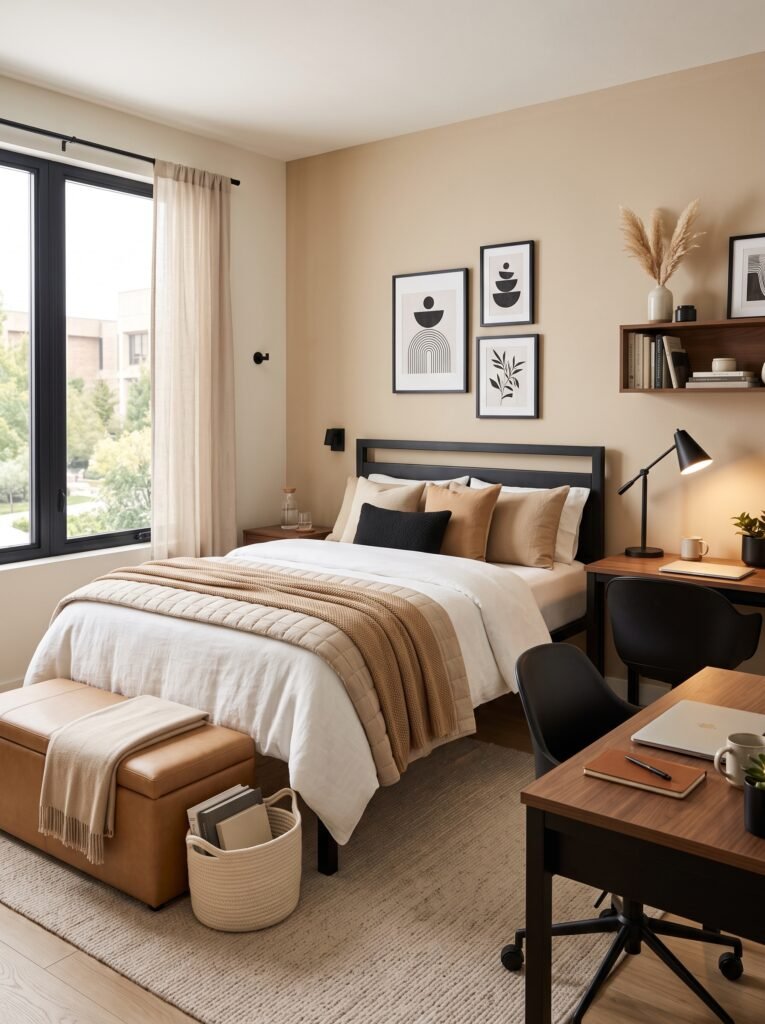 Warm beige dorm room with camel bedding and walnut furniture
