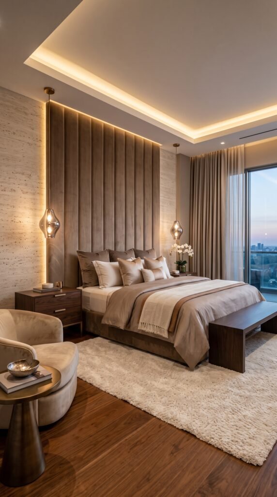 Modern luxury master bedroom with upholstered feature wall and elegant lighting