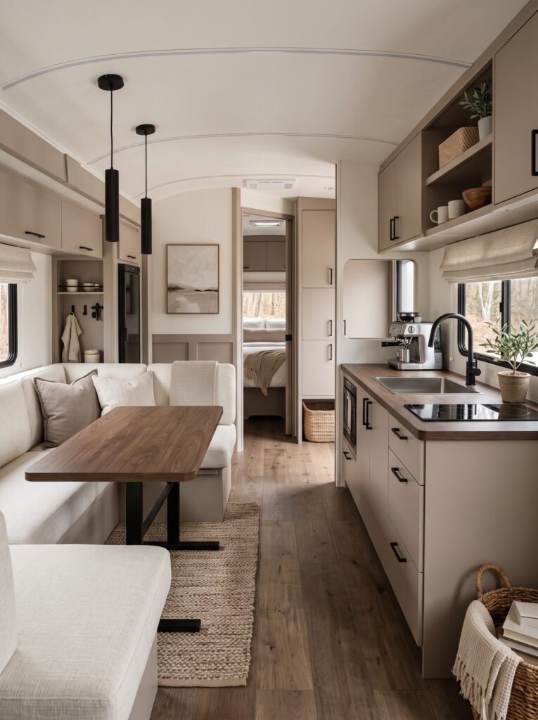 Modern neutral RV interior with taupe cabinetry and smoked oak accents