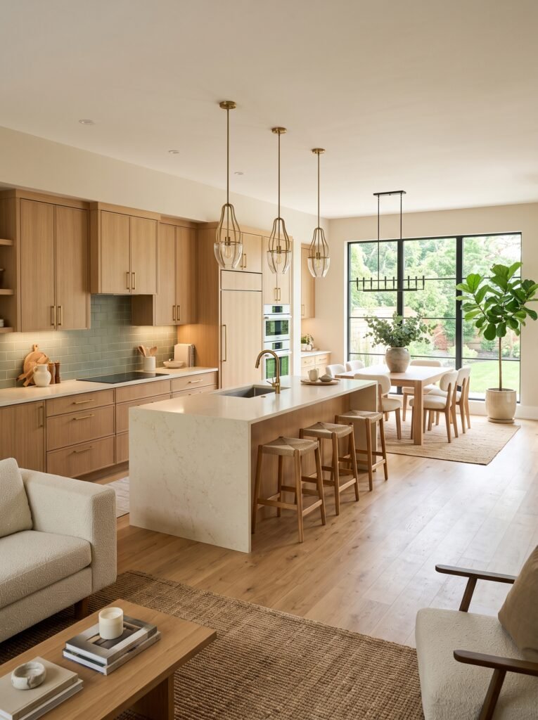 Warm modern open kitchen with oak cabinets and sage backsplash