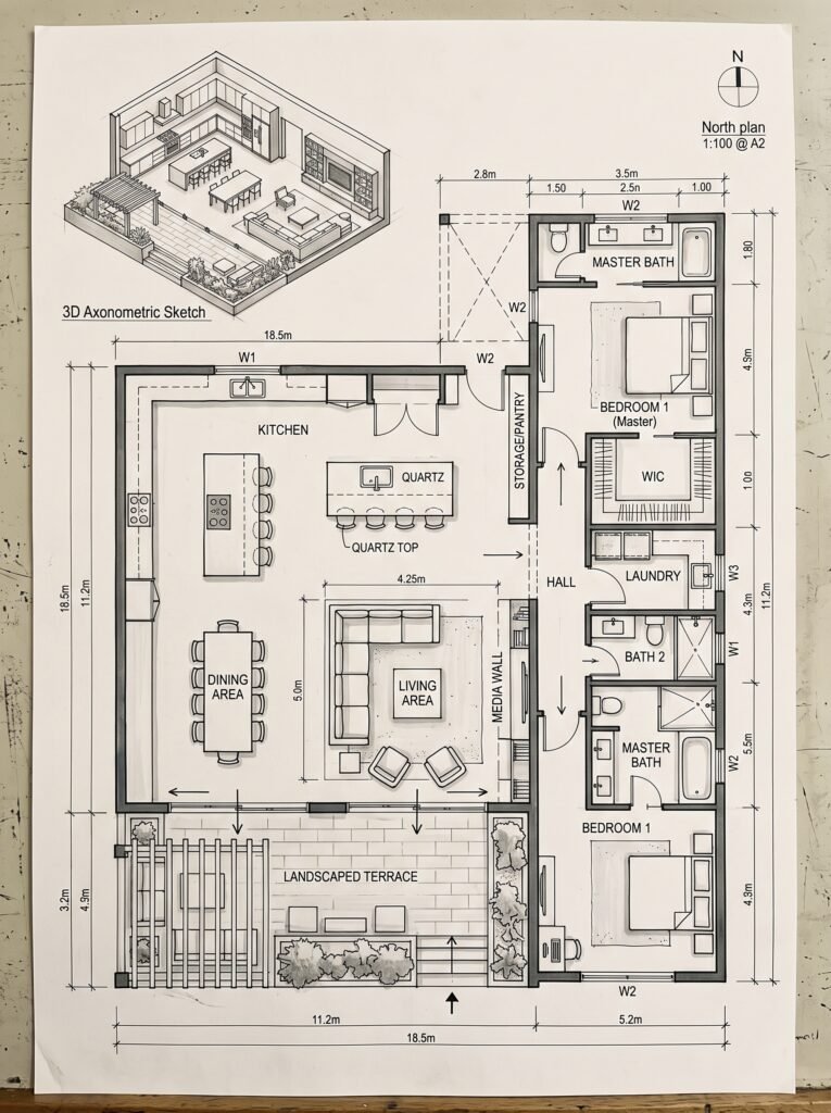 Contemporary open-plan house sketch with kitchen, dining, and living area