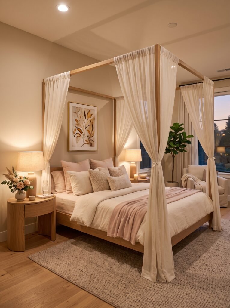 Romantic canopy bedroom with sheer ivory curtains, blush bedding, wooden furniture, and warm lighting
