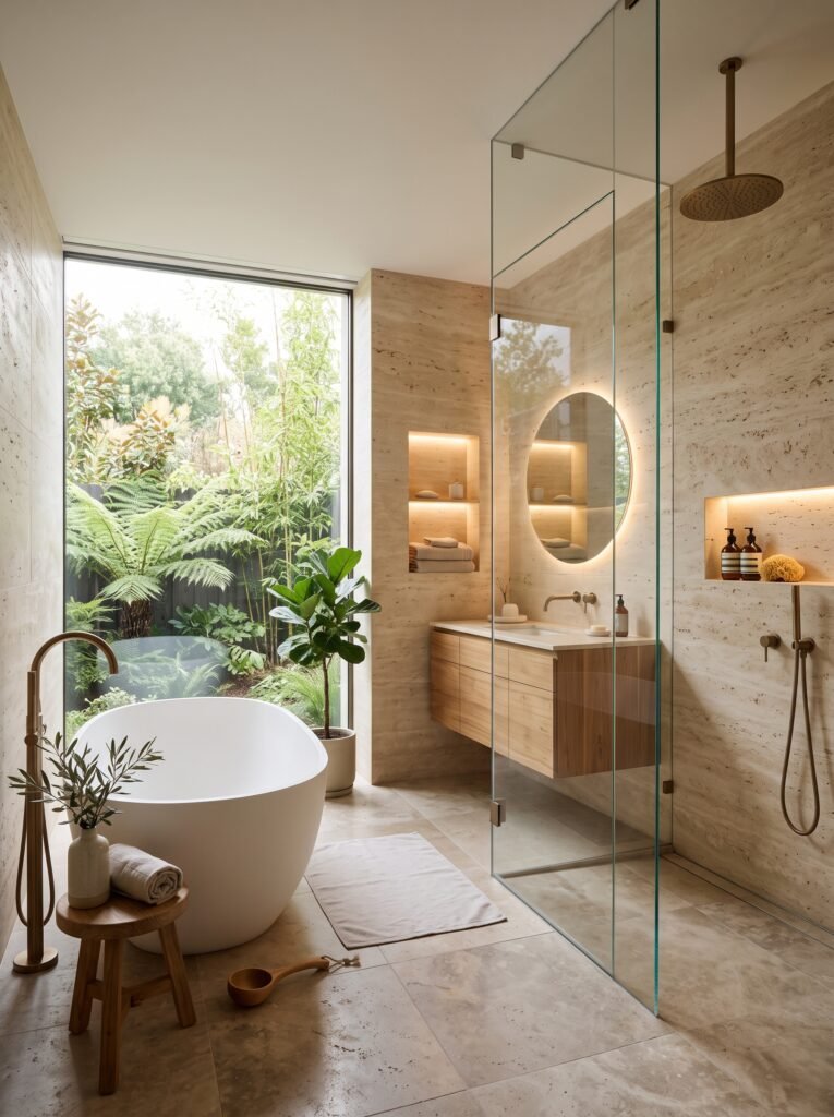 Spa-inspired modern bathroom with soaking tub and natural stone