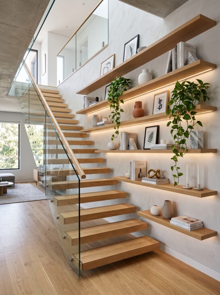 Floating shelves decorating a modern staircase wall