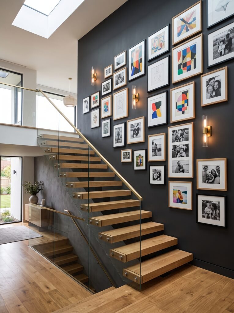 Luxury gallery wall decorating a modern staircase