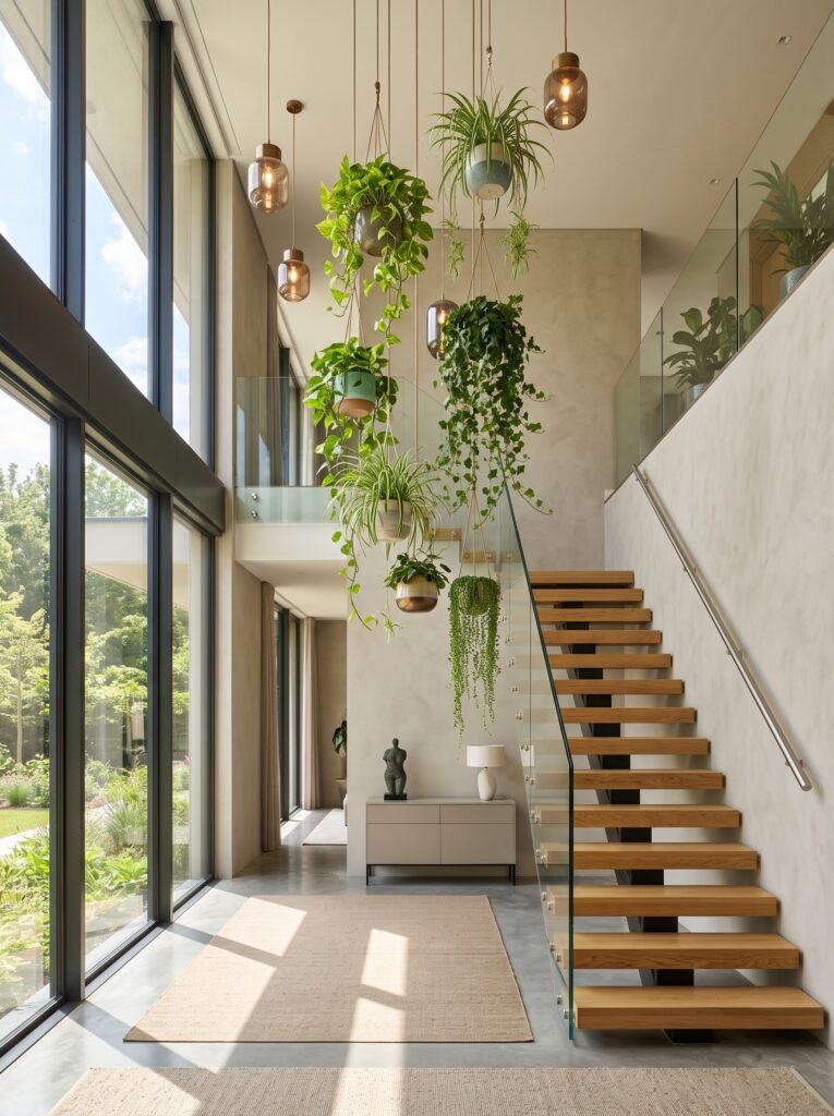 Hanging indoor plants decorating a modern staircase