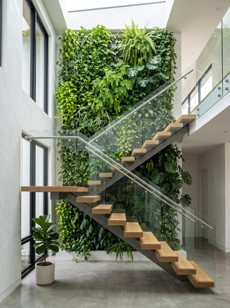Modern vertical garden beside an indoor staircase