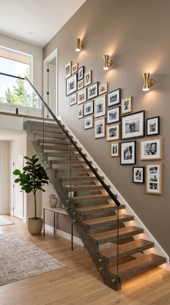 Staircase picture corner wall ideas with family photo frames