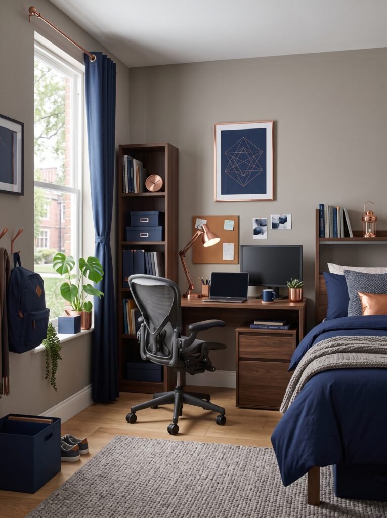 Navy blue dorm room with walnut study desk and copper accents