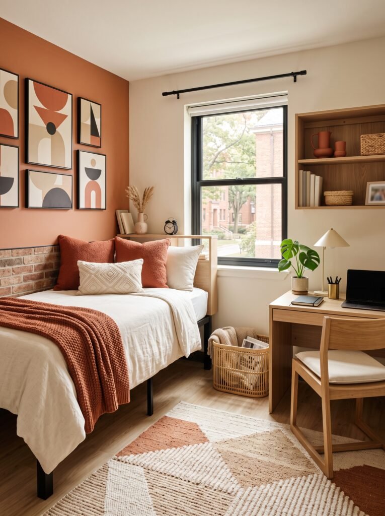 Modern dorm room with terracotta accents, cream bedding, and oak furniture