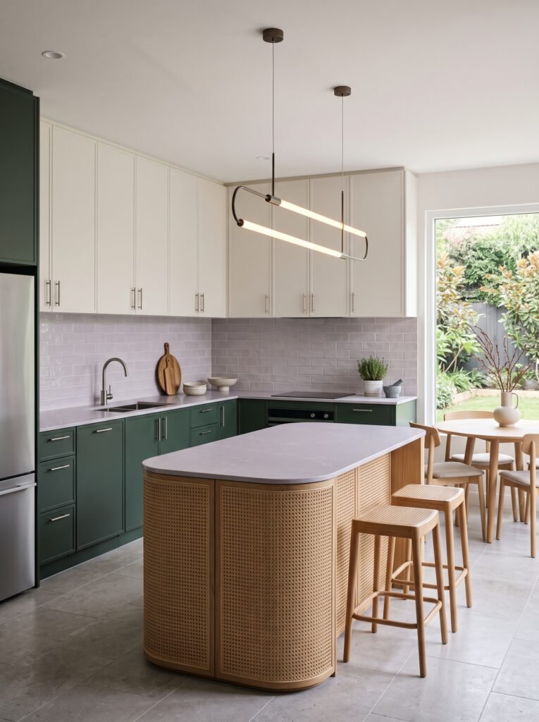 Two-tone modern kitchen with forest green and warm white cabinets