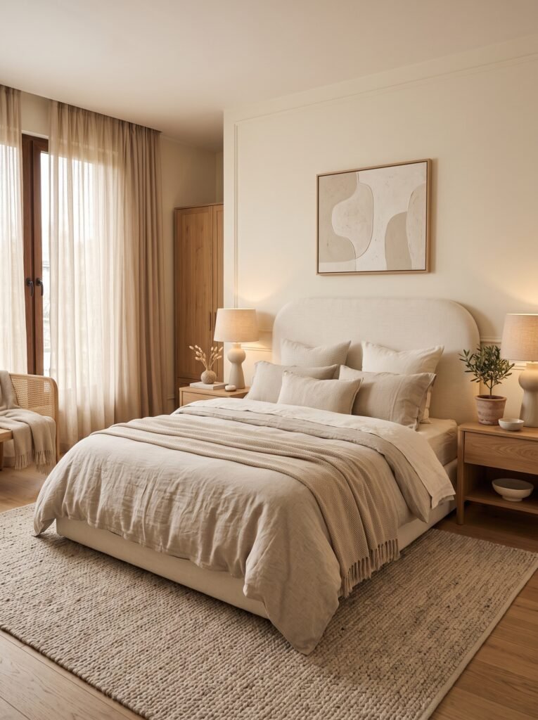 Soft neutral dreamy bedroom with cream bedding, natural wood furniture, cozy textures, and warm lighting