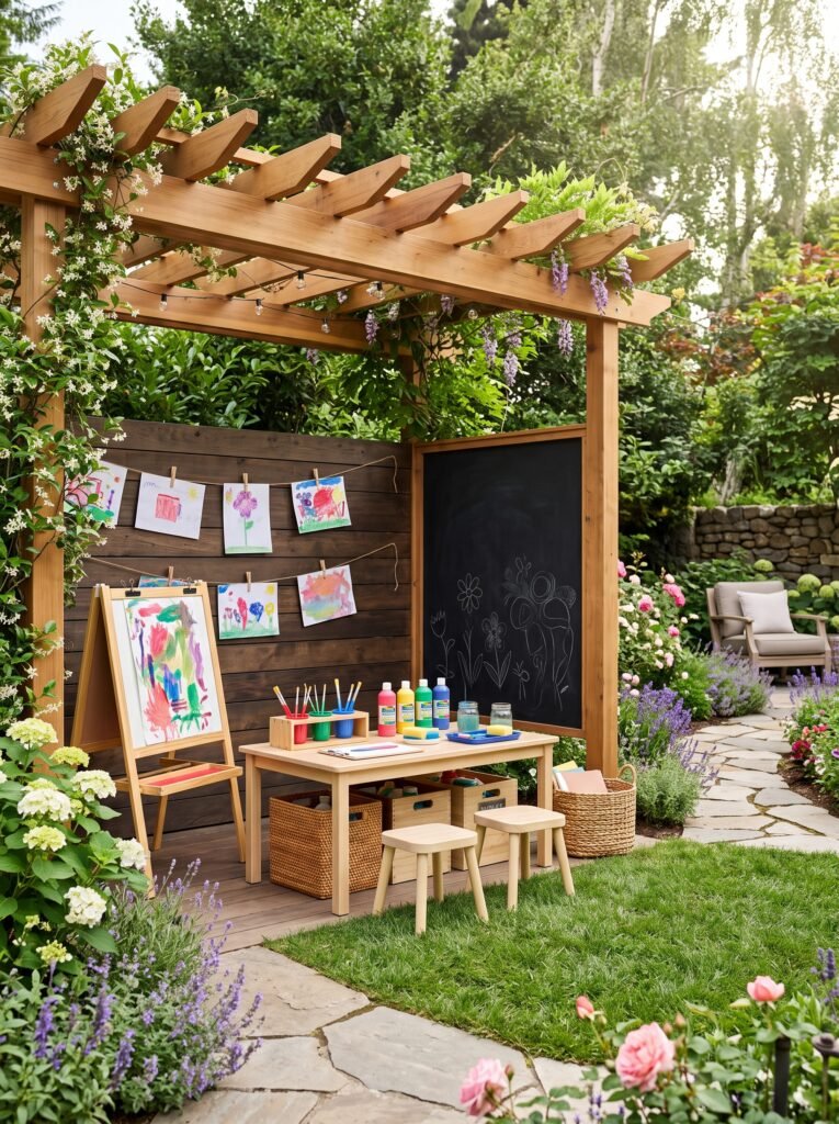 Outdoor children's art station with chalkboard and creative workspace