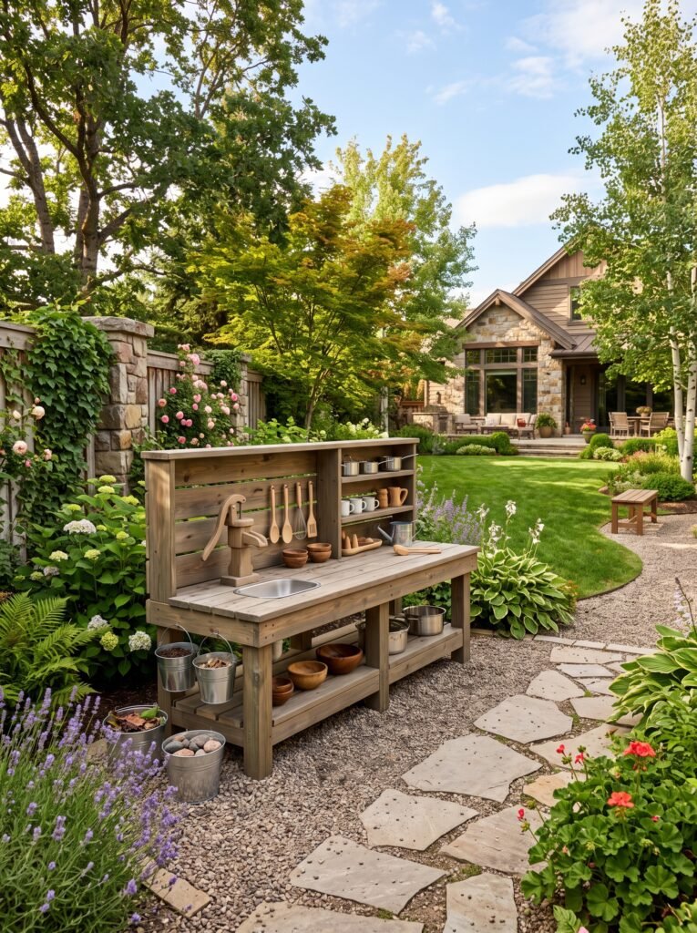 Wooden outdoor mud kitchen in a landscaped backyard garden