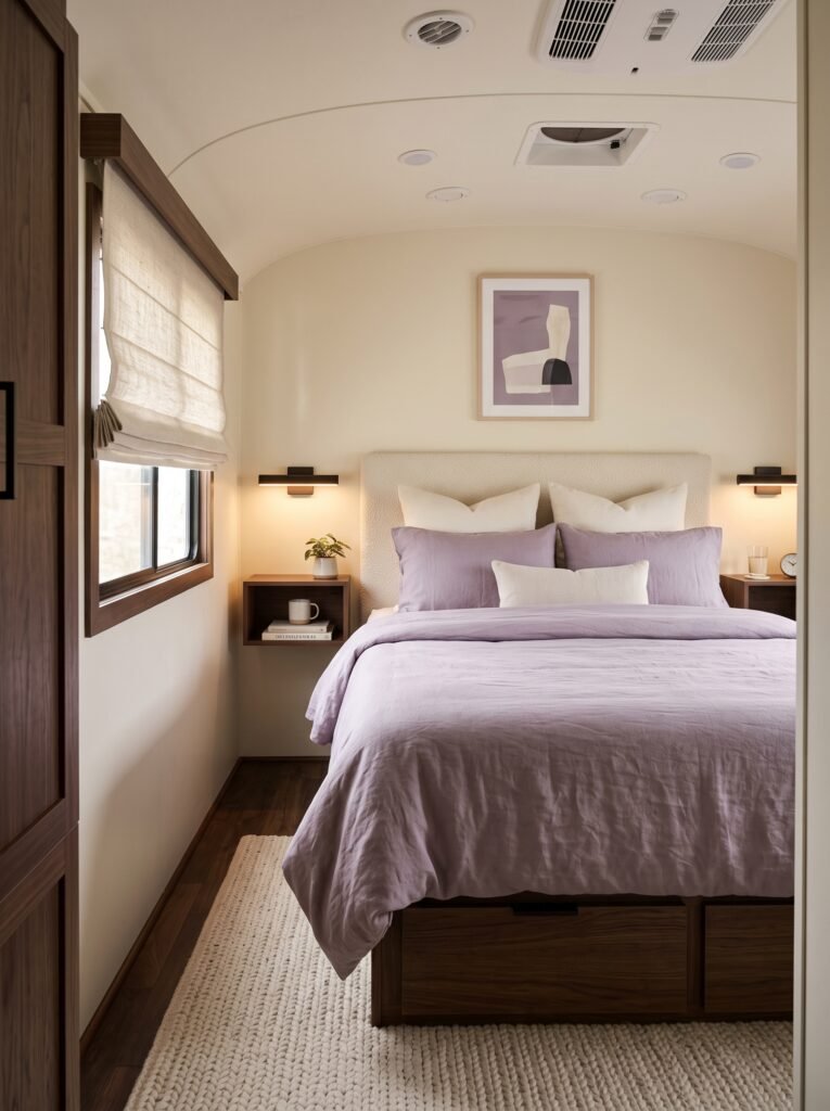 Modern RV bedroom remodel with lavender bedding and walnut storage