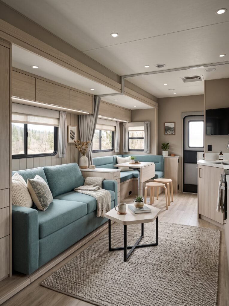  RV slide-out remodel with teal seating and light wood cabinetry