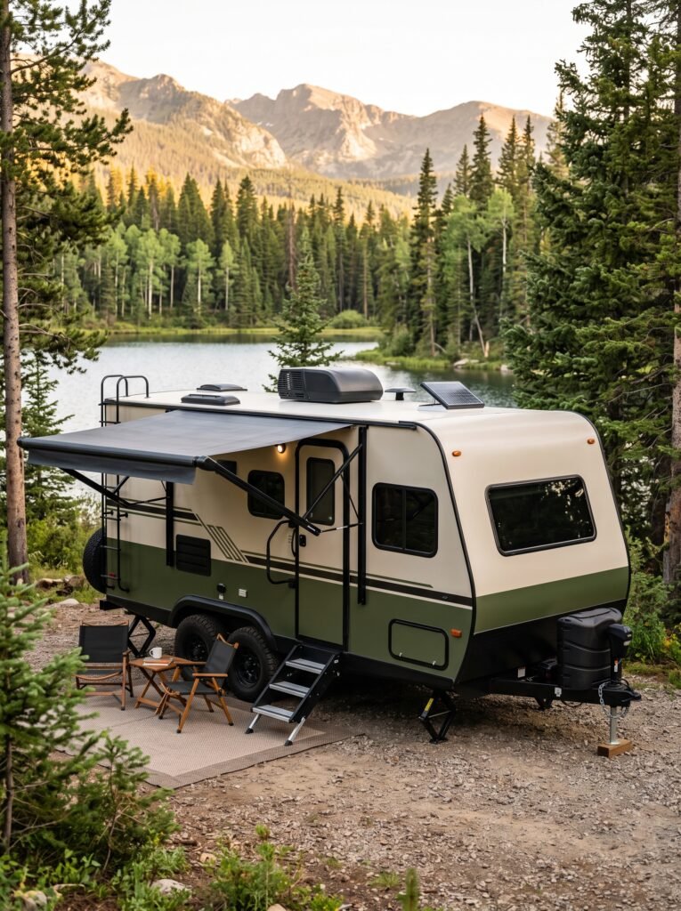 Modern RV exterior with sand beige, olive green, and black two-tone paint