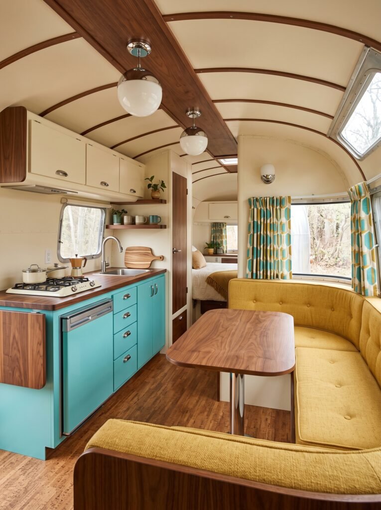 Retro camper remodel with turquoise cabinets, mustard seating, and walnut details