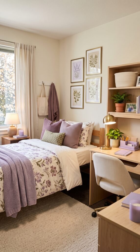 Floral dorm room with lavender bedding and botanical wall art