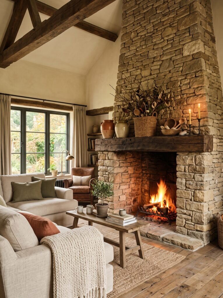 Rustic stone fireplace with reclaimed wood mantel and ceramic decor
