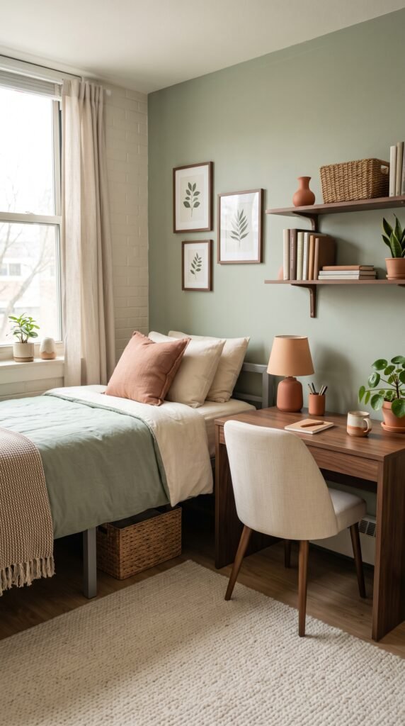 Sage green dorm room with cream bedding and walnut furniture