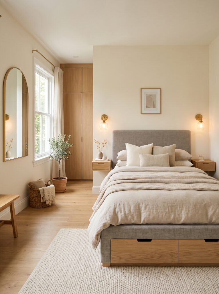 Small dreamy bedroom with floating nightstands, storage bed, beige bedding, and wall-mounted lighting