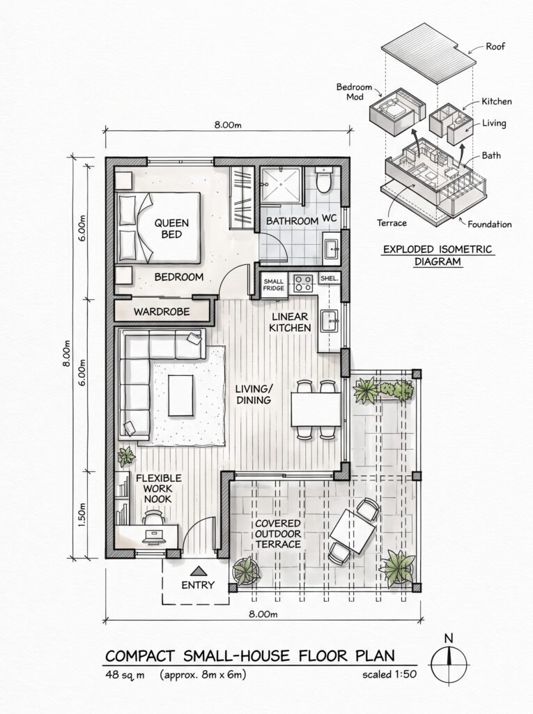 Compact one-bedroom house plan sketch with efficient open living layout