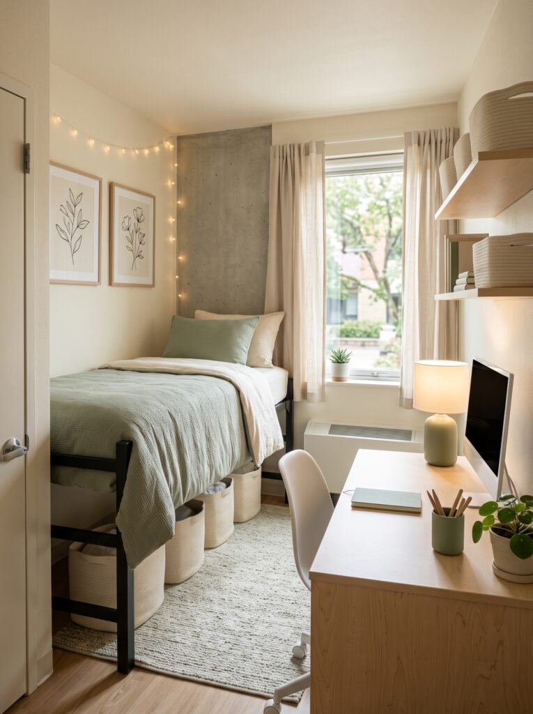 Sage green minimalist dorm room with botanical wall decor