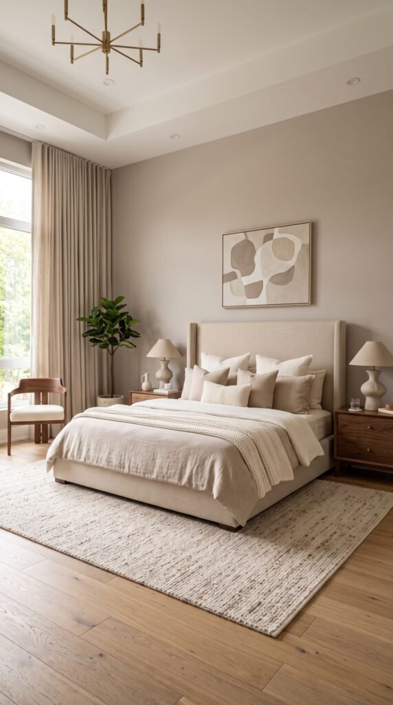 Modern neutral master bedroom with upholstered bed and warm beige decor