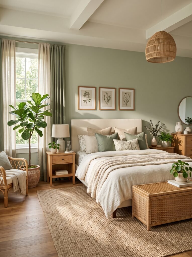 Nature-inspired dreamy bedroom with natural wood furniture, sage green accents, plants, and cream bedding