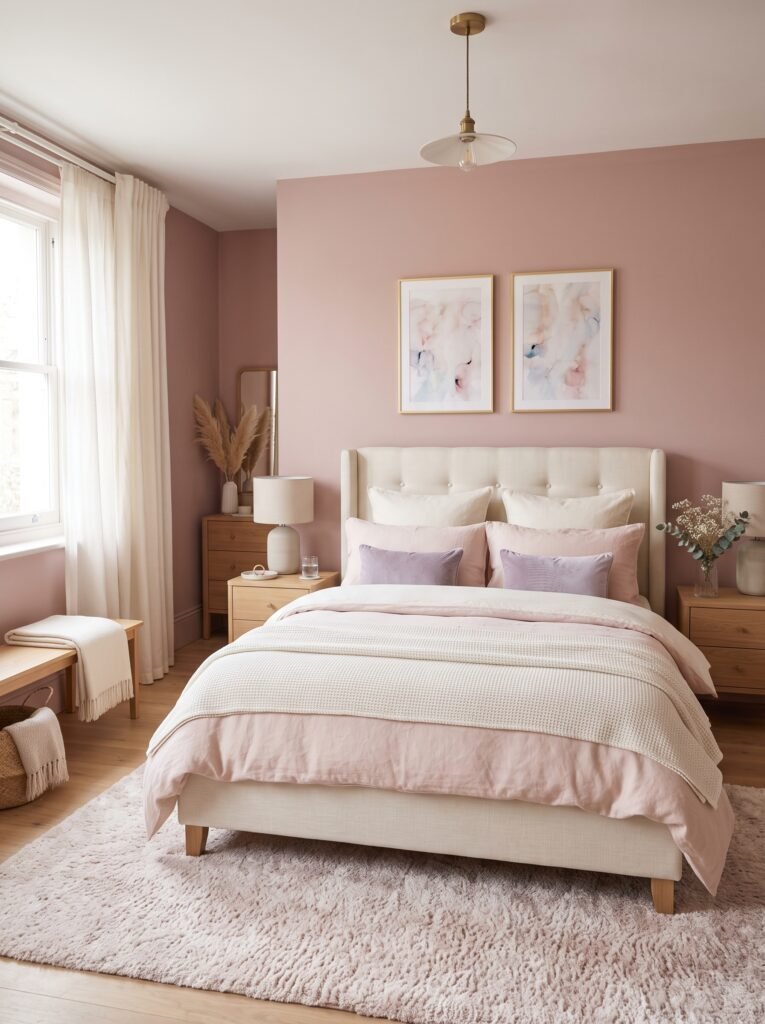 Soft pastel aesthetic bedroom with dusty pink walls, cream bedding, light oak furniture, and subtle lavender accents