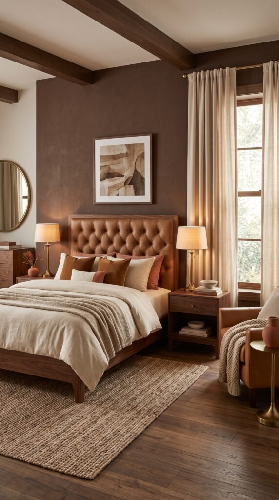  Warm brown bedroom with walnut furniture and caramel upholstered headboard