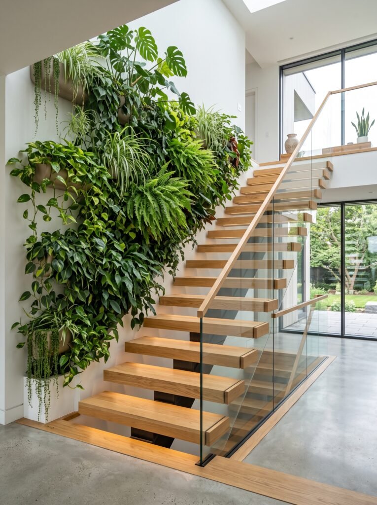 Indoor green wall decorating a modern staircase