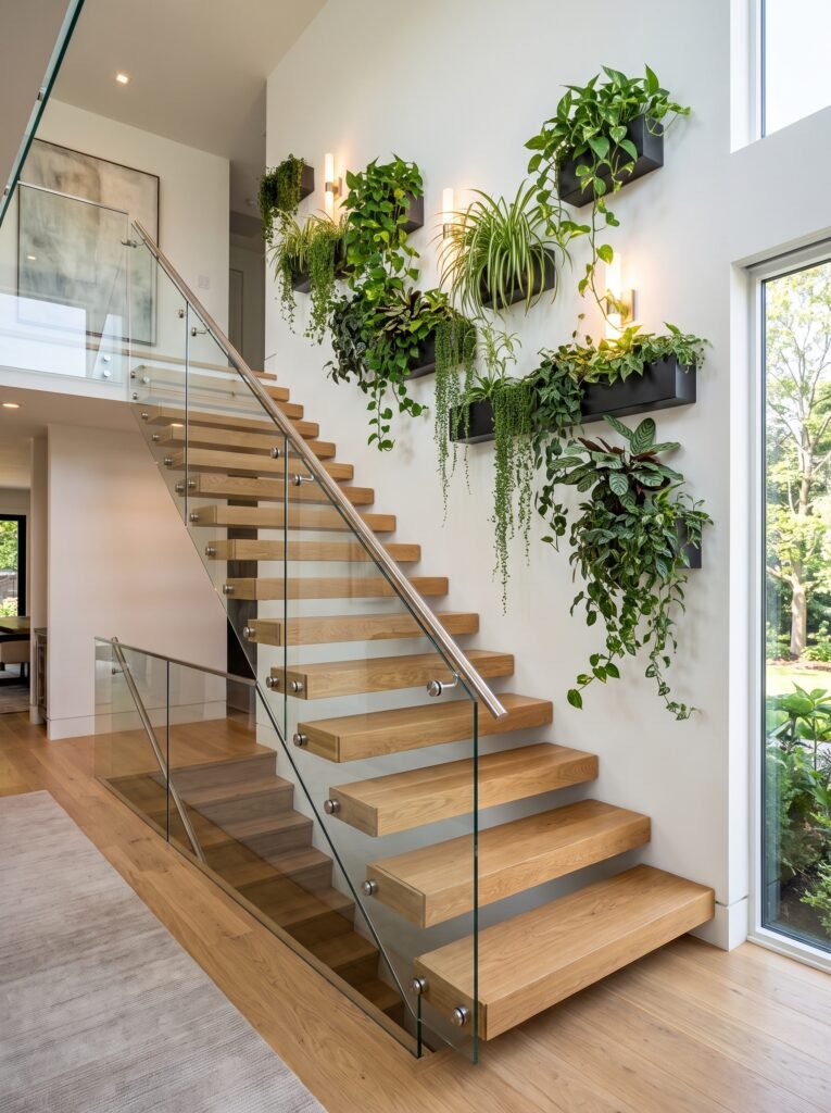 Floating planter staircase garden with cascading indoor plants