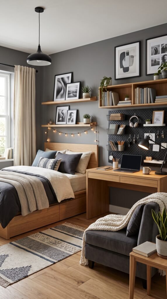 Creative teen room with study desk, pegboard, shelves, and artwork