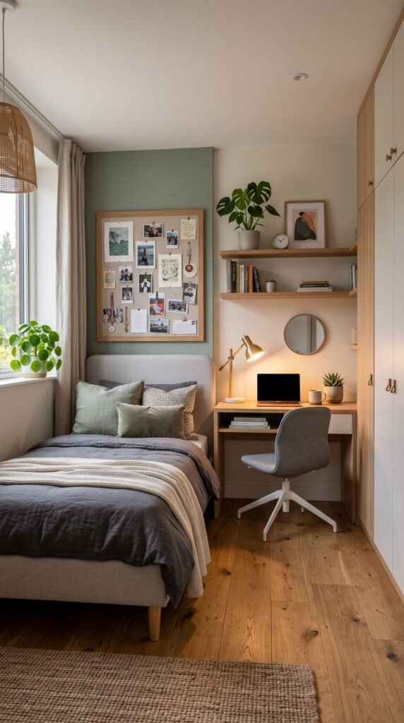 Contemporary teen room with study desk, storage, and modern decor