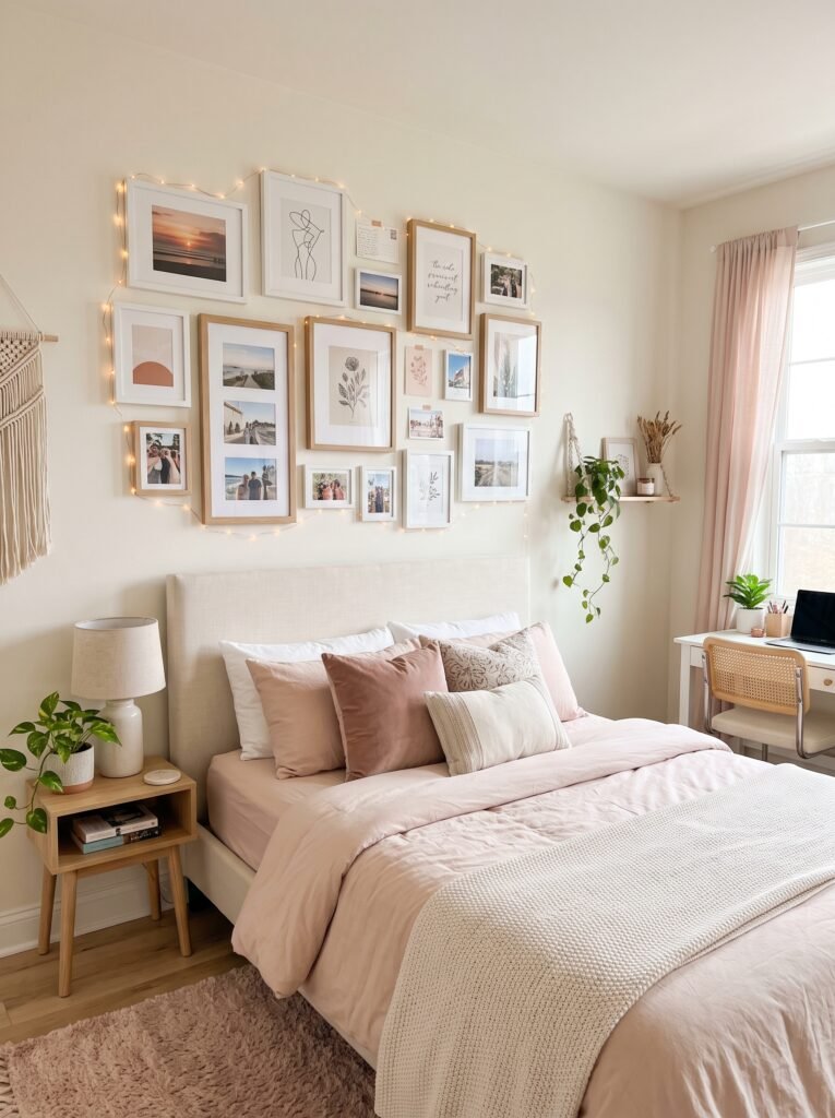 Teen girl bedroom wall with personalized photo gallery, framed pictures, soft colors, and cozy decor
