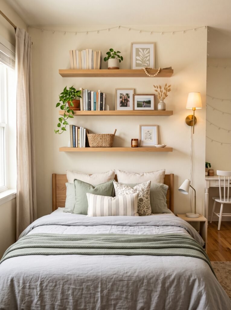 Teen girl bedroom wall with floating shelves, books, plants, framed art, and organized decor