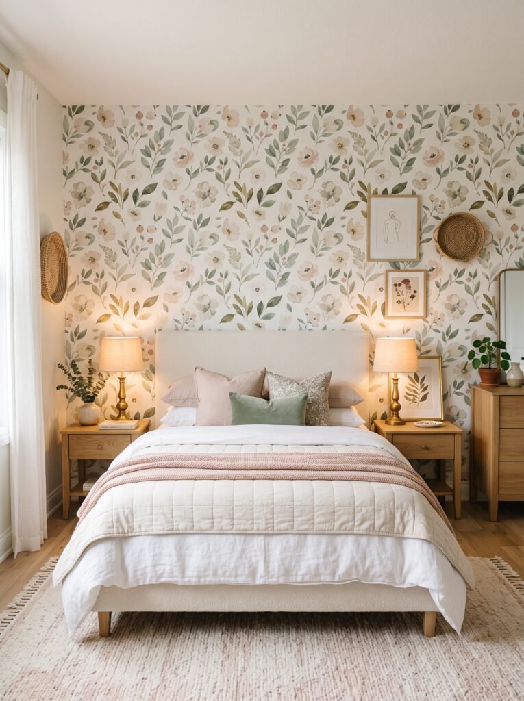 Teen girl bedroom with botanical removable wallpaper, cream bedding, wood furniture, and soft decor