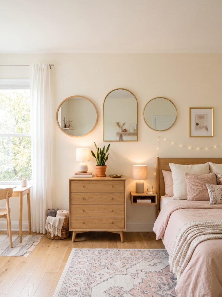 Teen girl bedroom wall with decorative round and arched mirrors, cream walls, and soft bedroom decor