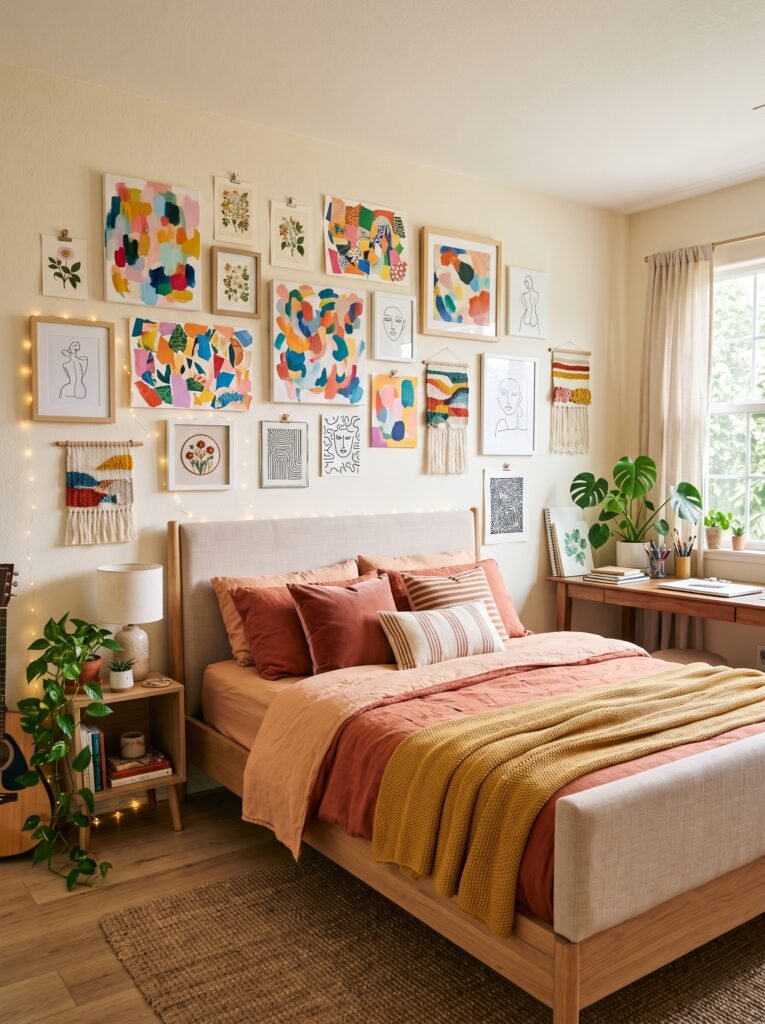 Teen girl bedroom wall with handmade artwork, abstract paintings, botanical prints, and colorful decor