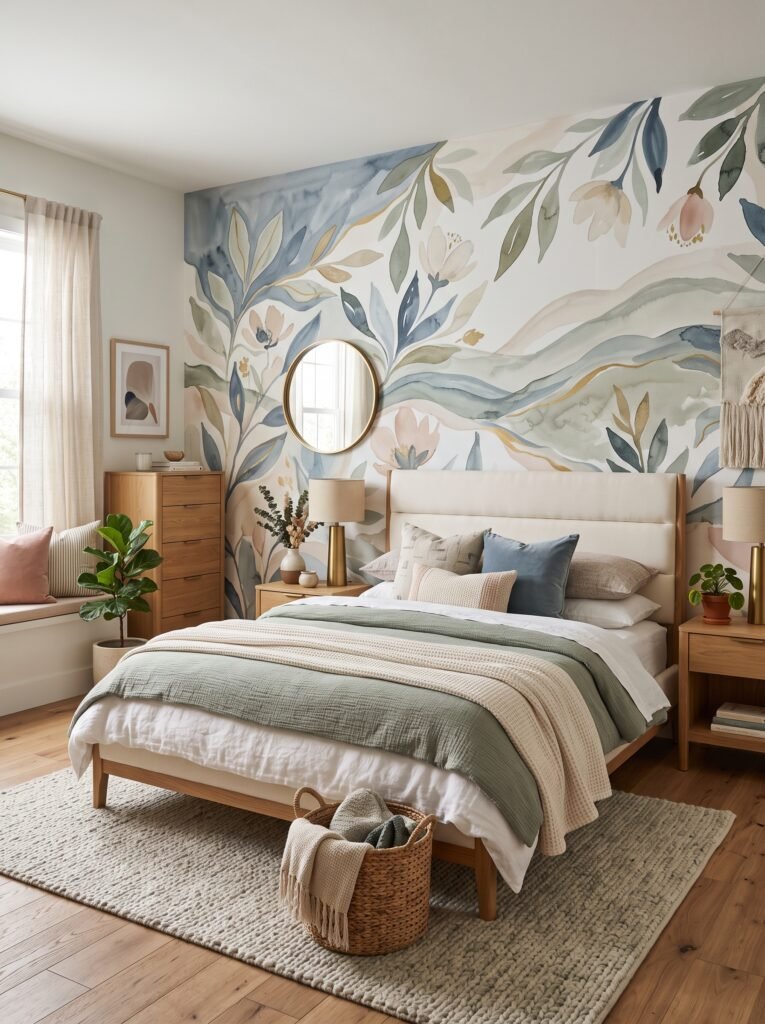 Teen girl bedroom with watercolor botanical mural wall, cream bed, natural wood furniture, and soft colors