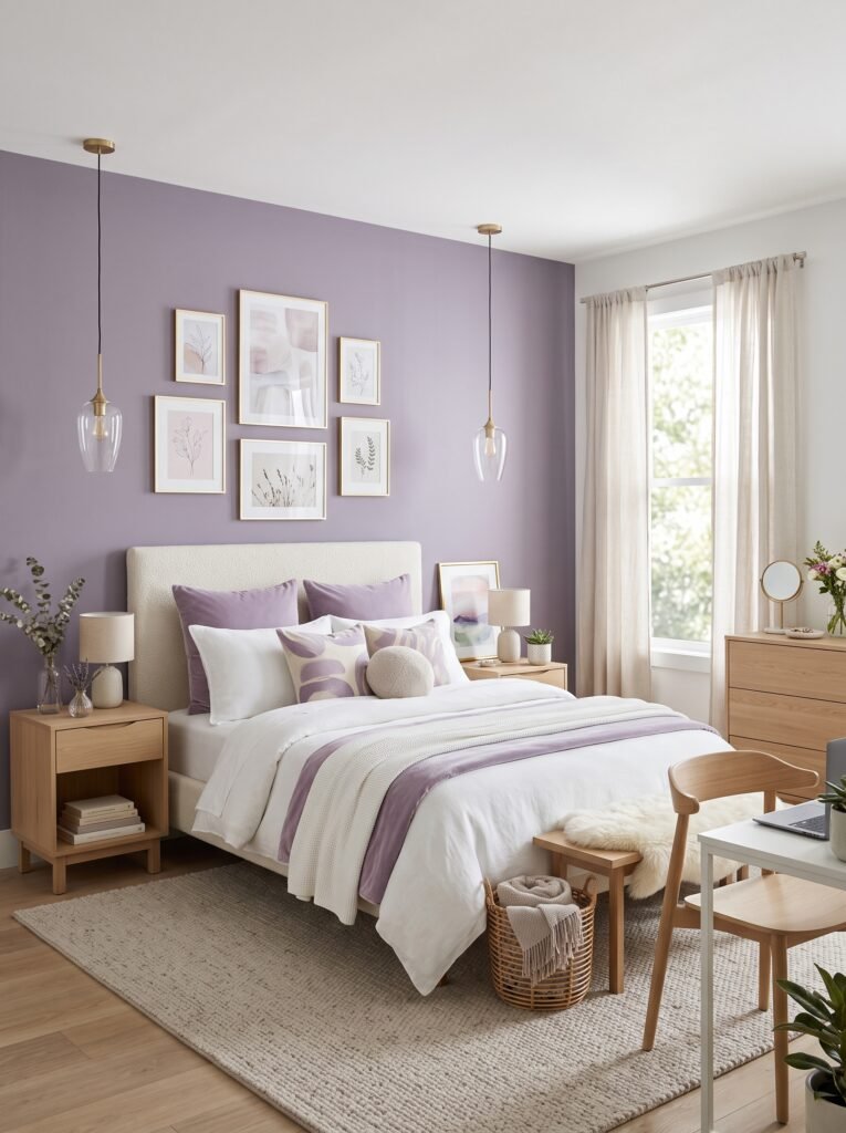 Teen girl bedroom with lavender accent wall, cream bed, light wood furniture, and pastel wall decor
