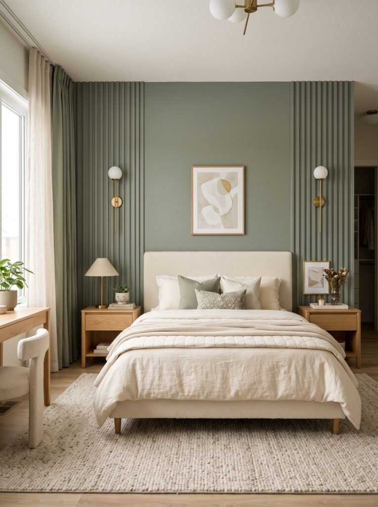 Teen girl bedroom with sage green statement wall, fluted panels, cream bed, and modern decor