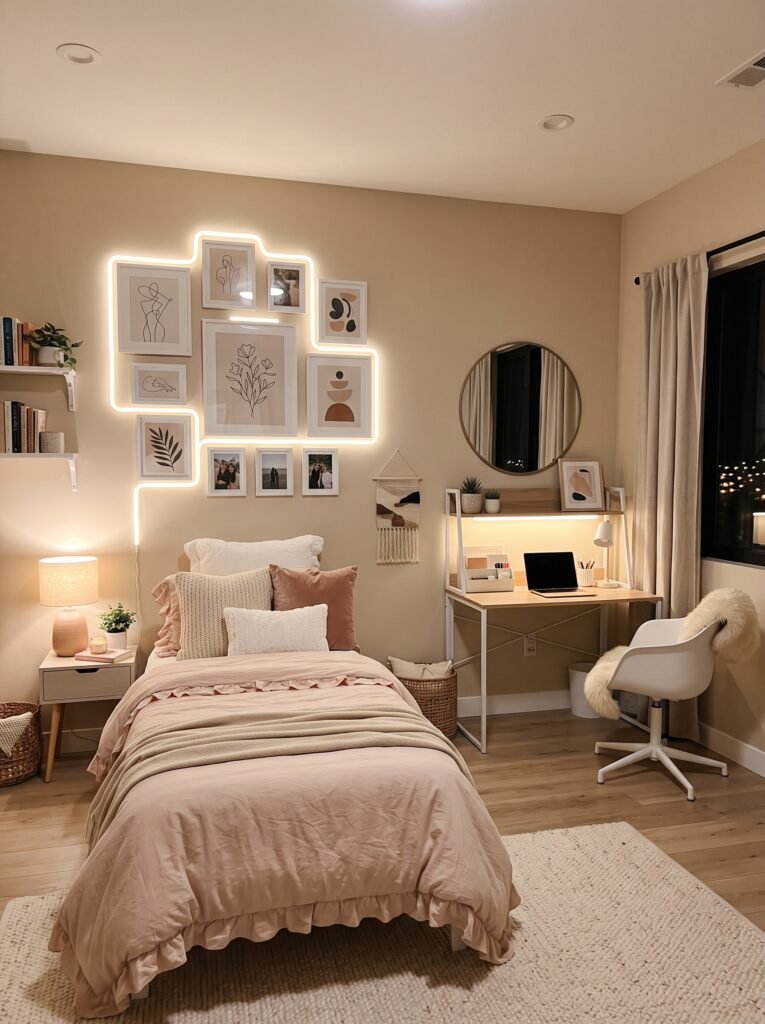 Teen girl bedroom wall with warm LED lighting, photo gallery, artwork, and cozy modern decor