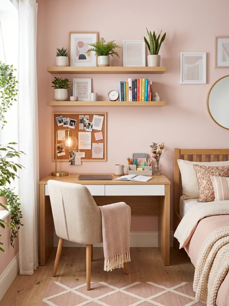 Teen girl bedroom study wall with desk, floating shelves, artwork, books, and organized decor