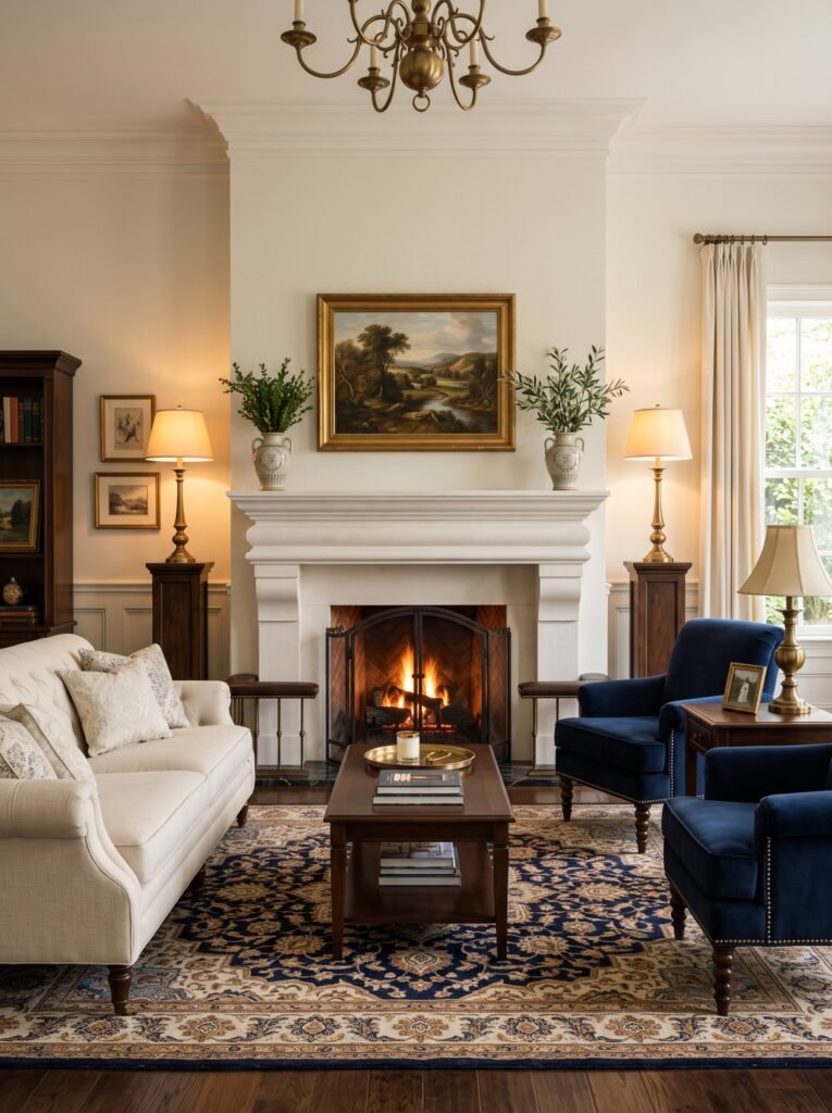 Symmetrical fireplace mantel with matching lamps and ceramic urns